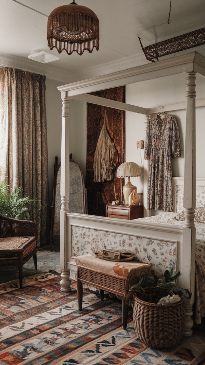 Step into a whimsical haven where vintage charm meets bohemian spirit. A white canopy bed, adorned with delicate florals, anchors this eclectic bedroom, its dreamy silhouette complemented by a curated collection of vintage furniture and a vibrant floral dress artfully displayed. A patterned rug, a quirky lampshade, and a touch of greenery complete the scene, creating a space that's both effortlessly stylish and deeply personal.