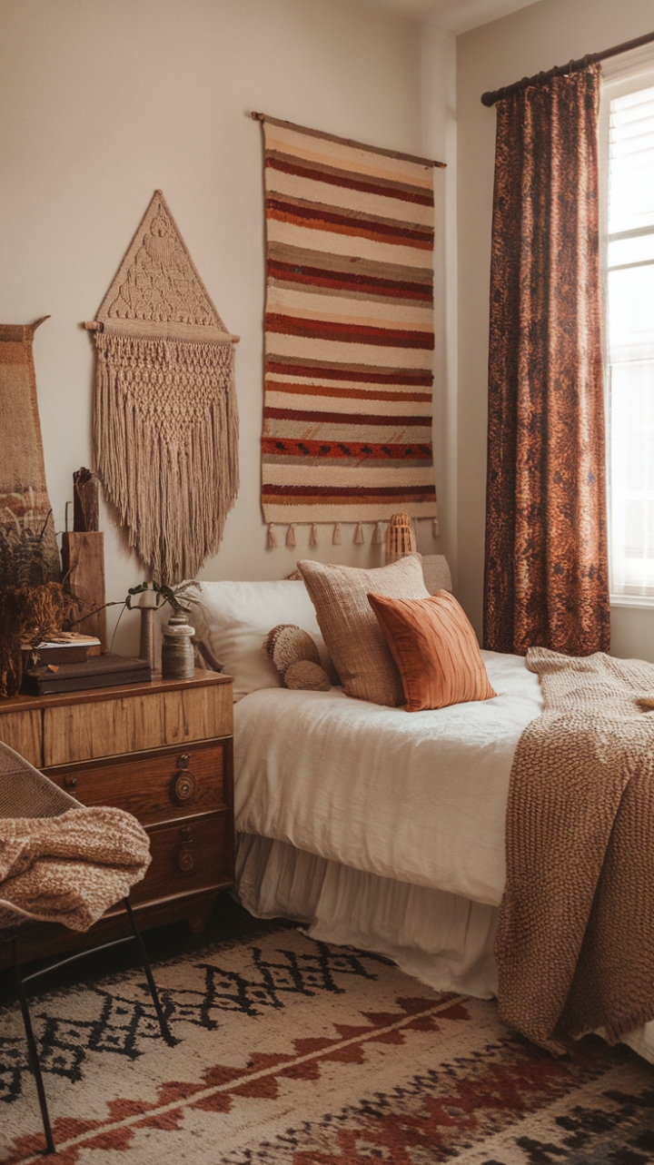 Unwind in this bohemian haven, where vintage finds and textured textiles create a haven of earthy tones and retro charm. Antique furniture whispers stories of bygone eras, while eclectic accents add a touch of modern flair.