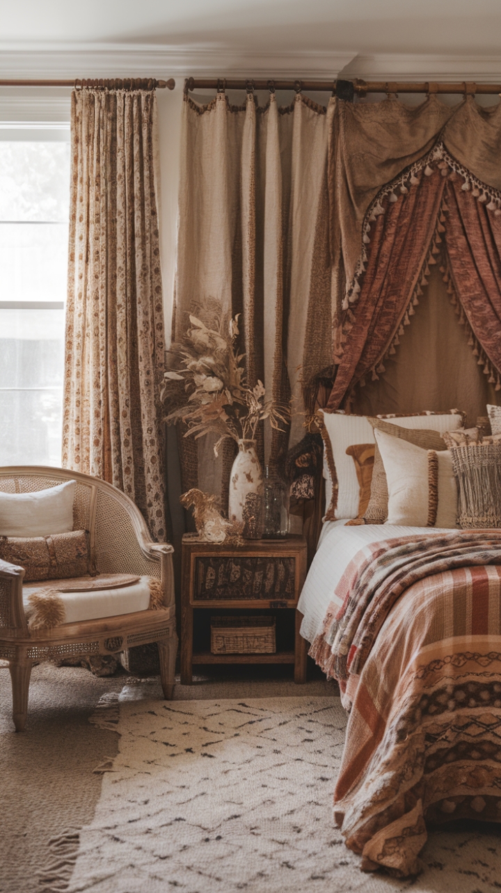 A captivating boho vintage bedroom exudes warmth and personality, blending eclectic charm with retro flair. Antique furniture pieces add a sense of history, while textured textiles in earthy tones create a cozy, layered ambiance. The boho chic interior is a perfect sanctuary of relaxed elegance, where vintage accents and rich patterns come together to craft a truly inviting space.