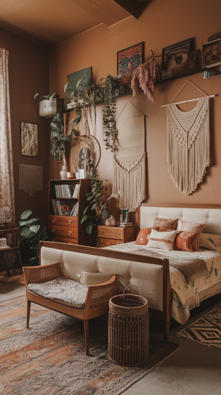 Escape to a sun-drenched bohemian bedroom, a sanctuary of vintage treasures and eclectic style. The high ceilings and warm color palette create an airy and inviting space, perfectly complemented by a mix of textures and patterns. A stunning vintage bed takes center stage, surrounded by curated artwork, flourishing plants, and charming vintage furniture. This room is a testament to the beauty of layered design, where every detail tells a story.