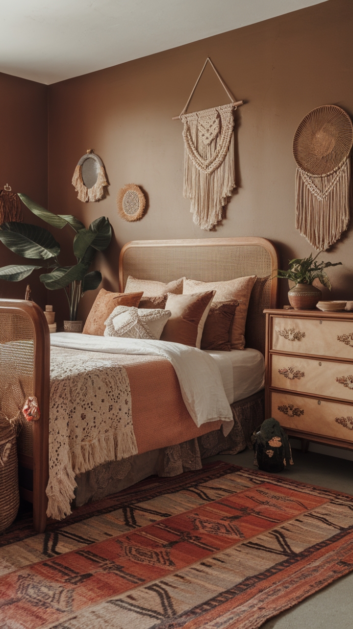 Escape to a sanctuary of relaxed elegance. This boho-chic bedroom effortlessly blends vintage appeal with modern comfort. Antique furniture finds new life alongside handcrafted details like a macrame wall hanging and rattan accents. The rich textures of the bedding and the earthy color palette create a warm and inviting atmosphere, perfect for unwinding after a long day. A patterned rug anchors the space, adding a touch of playful pattern to the overall design.