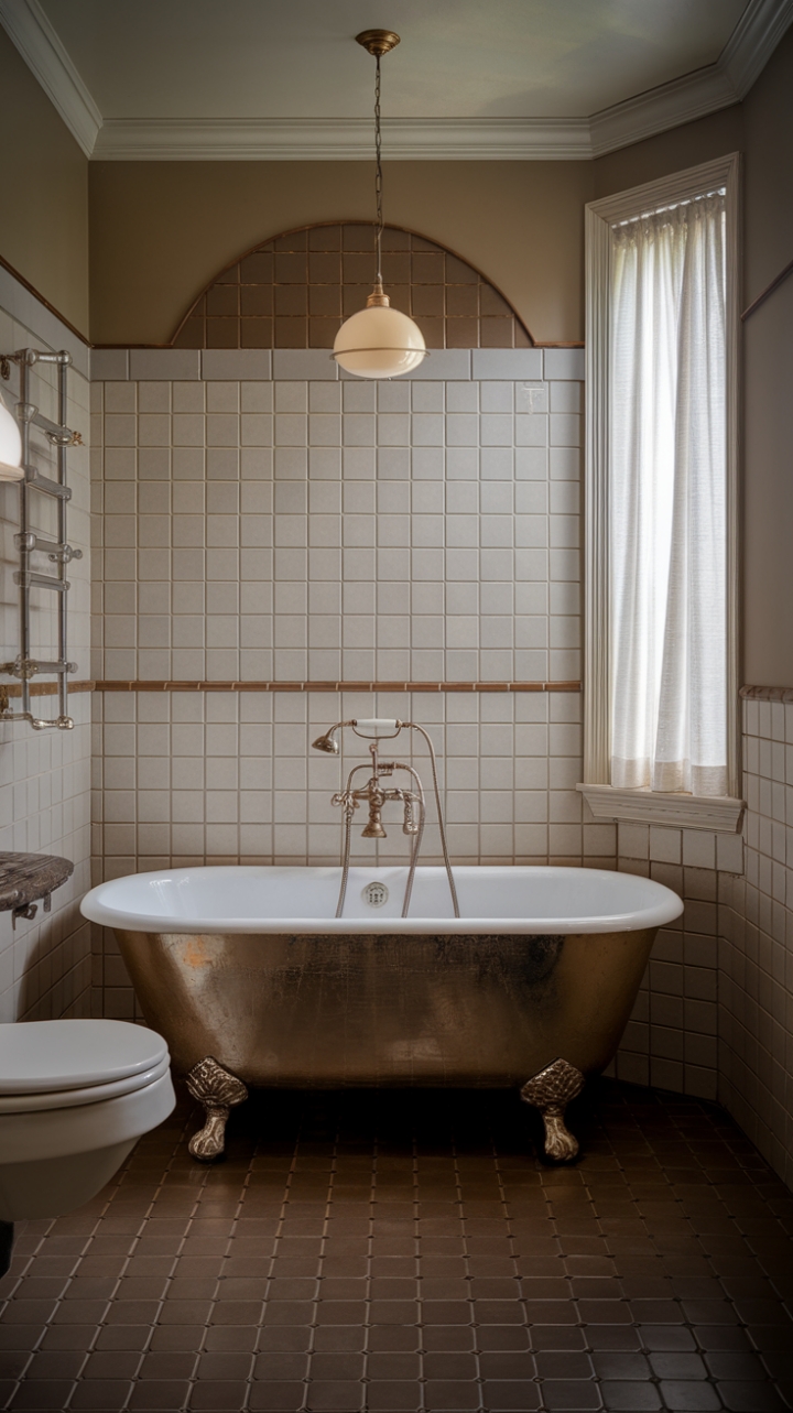 A charming blend of vintage allure and modern sophistication, this bathroom exudes nostalgic elegance. The retro-style bathtub invites relaxation, complemented by antique fixtures that whisper stories of bygone eras. Beige tiled walls and dark brown patterned flooring create a warm, inviting backdrop, while a vintage-inspired light fixture casts a soft, ambient glow. The window with delicate white curtains adds a touch of serenity, completing this timeless sanctuary with a chic, retro flair.