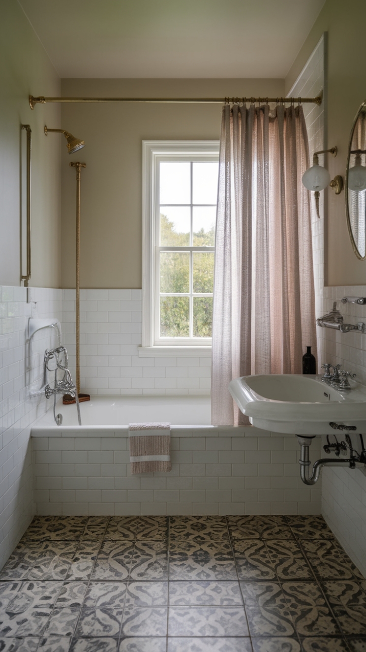 Experience a beautifully curated vintage-modern sanctuary that exudes retro chic. The classic white fixtures with antique detailing bring a sense of history, complemented by a vibrant patterned floor that injects personality into the space. The curtain offers privacy without sacrificing openness, revealing a view of vibrant greenery through the window. Painted in a soothing, muted tone, this bathroom seamlessly blends nostalgic charm with contemporary elegance, creating a serene oasis for everyday luxury.