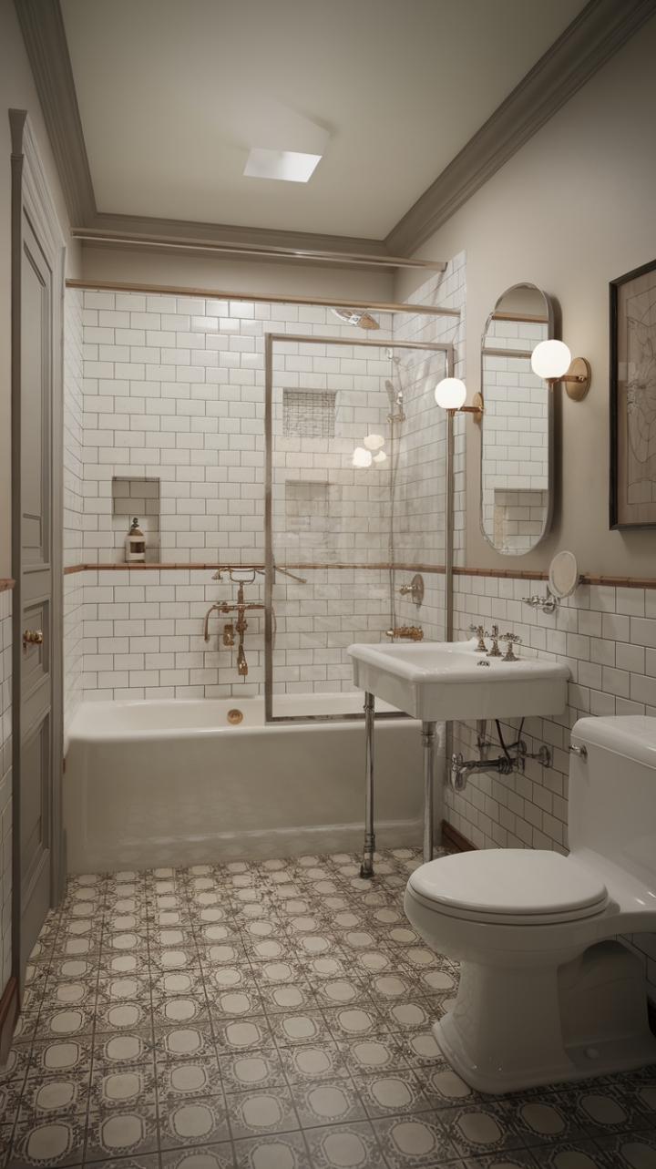 Step into this charming vintage-inspired bathroom where retro chic meets timeless elegance. The classic layout features a beautifully restored tub with vintage fixtures, perfectly complemented by a retro-designed sink and a discreet toilet nestled against the wall. The patterned tile flooring adds a playful yet sophisticated touch, while the light-colored walls evoke a sense of airy nostalgia. This space effortlessly blends nostalgic charm with modern comfort, creating a cozy retreat that celebrates the beauty of bygone eras.