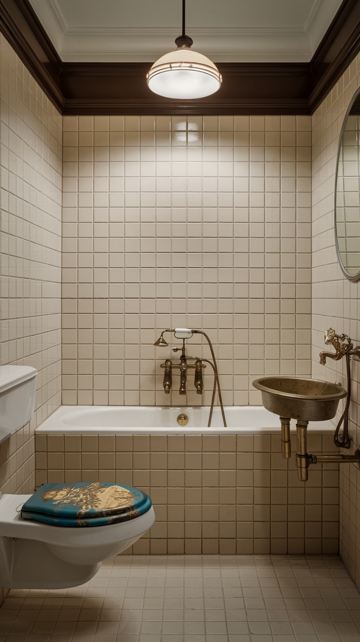Ready for a bathroom that whispers tales of bygone eras while still feeling utterly fresh? This space is a masterclass in modern vintage, where a classic clawfoot tub with ornate fixtures reigns supreme. A vintage-inspired sink with a gleaming brass faucet adds a touch of old-world glamour, perfectly complemented by the timeless beige and white tiled walls. Even the toilet gets a dose of personality with its lid painted in a charming vintage pattern. Above the tub, a mid-century modern light fixture casts a warm glow, proving that different design periods can live in beautiful harmony. The beige tiled floor provides a grounding base for this chic and inviting retreat.