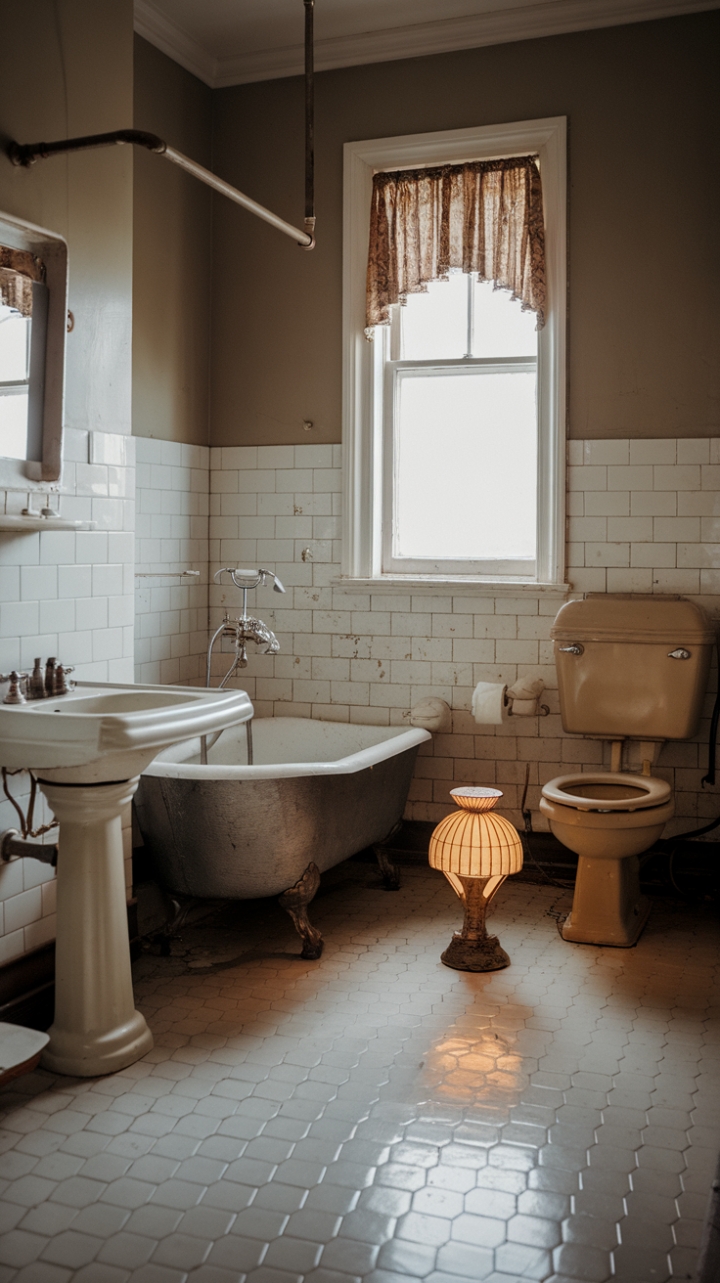 Step back in time with this exquisitely preserved vintage bathroom. Gleaming white tiles, a majestic clawfoot tub, and antique fixtures whisper tales of old-world glamour. The soft glow of a vintage lamp casts a nostalgic spell, perfectly complementing the charming window and its delicate curtain. Pure, unadulterated retro chic.