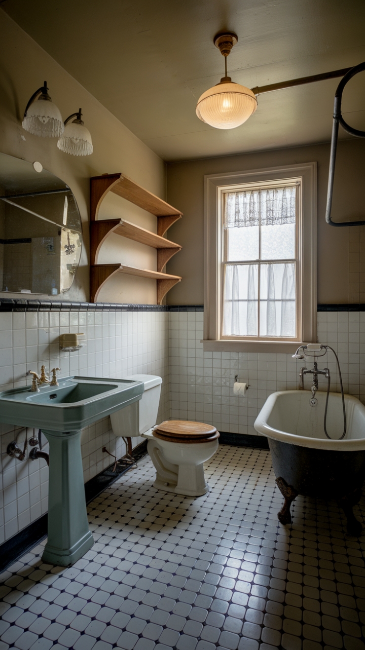 Indulge your senses in this exquisitely restored vintage bathroom. The timeless beauty of a clawfoot tub and pedestal sink is perfectly complemented by the chic black and white tiles and charming window detail. A haven of nostalgic sophistication.