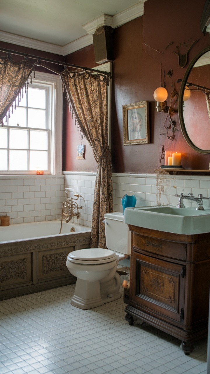 Indulge your senses in this sun-drenched retro haven. Gleaming white tiles, a classic clawfoot tub, and vintage décor combine to create a bathroom that's as stylish as it is serene. The perfect blend of antique elegance and contemporary comfort awaits.