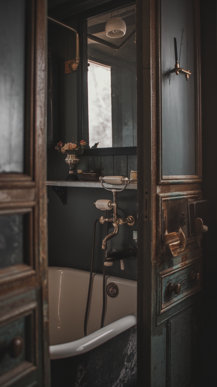 Step back in time with this moody vintage bathroom, where antique fixtures and a retro design create a haven of nostalgic charm. Distressed finishes and a dark color palette add to the rustic allure, promising a sanctuary of serene sophistication.