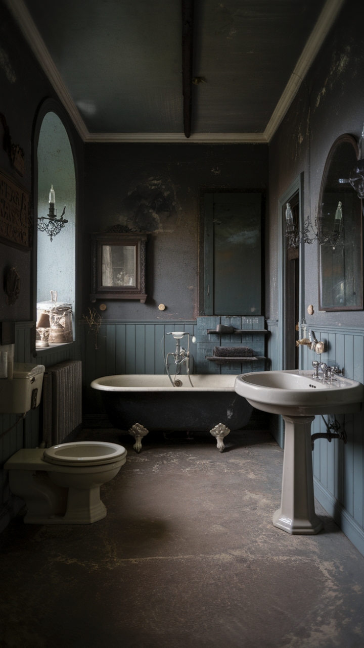 Ready for a bathroom that tells a story? This vintage retreat is steeped in moody charm, where a dark color palette sets the stage for a truly atmospheric escape. Antique treasures abound, from the majestic clawfoot tub beckoning for a long soak to the elegant pedestal sink. Distressed finishes on the walls and floor add layers of character, creating a rustic haven with a deeply nostalgic ambiance.