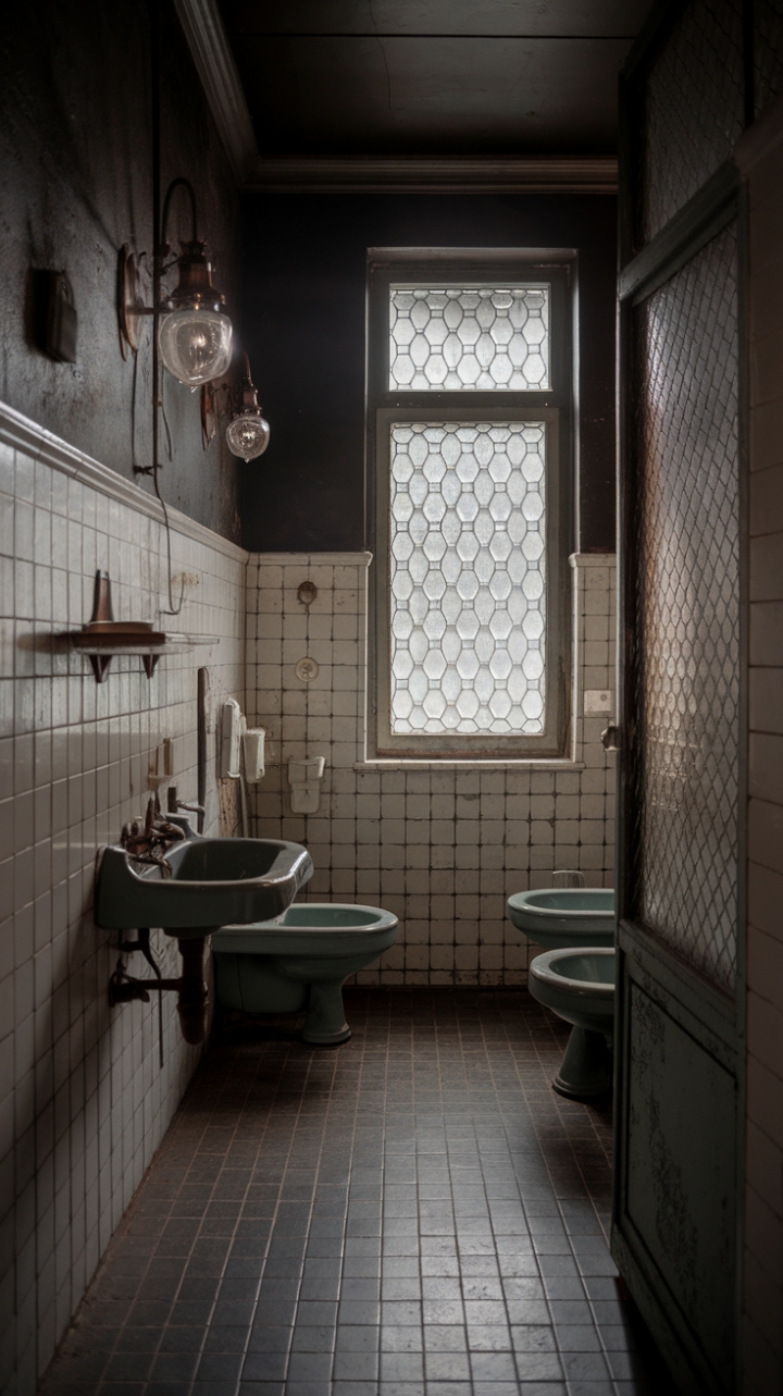 Step into a sanctuary of vintage charm where shadows dance and history whispers. This moody bathroom, a masterpiece of rustic elegance, boasts a captivating dark palette, antique fixtures, and distressed finishes that tell a thousand stories. The patterned glass window casts intriguing light, while the tiled walls and floor add a touch of timeless sophistication. Prepare to be transported to a bygone era of refined simplicity.