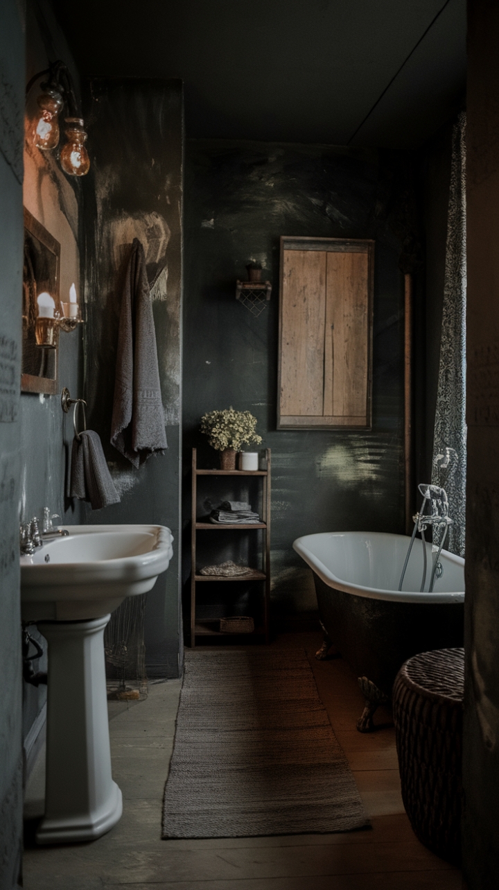 Ready for a bathroom that tells a story? This moody vintage retreat whispers tales of bygone eras with its dark, dramatic palette and antique soul. Imagine soaking in that magnificent freestanding tub, the distressed stone walls a textured embrace, and the elegant pedestal sink a timeless focal point. Rustic touches like the wooden shelf and the worn rug add warmth and character, creating a space that feels both deeply personal and utterly captivating. It's a nostalgic escape, a sanctuary steeped in history and style.
