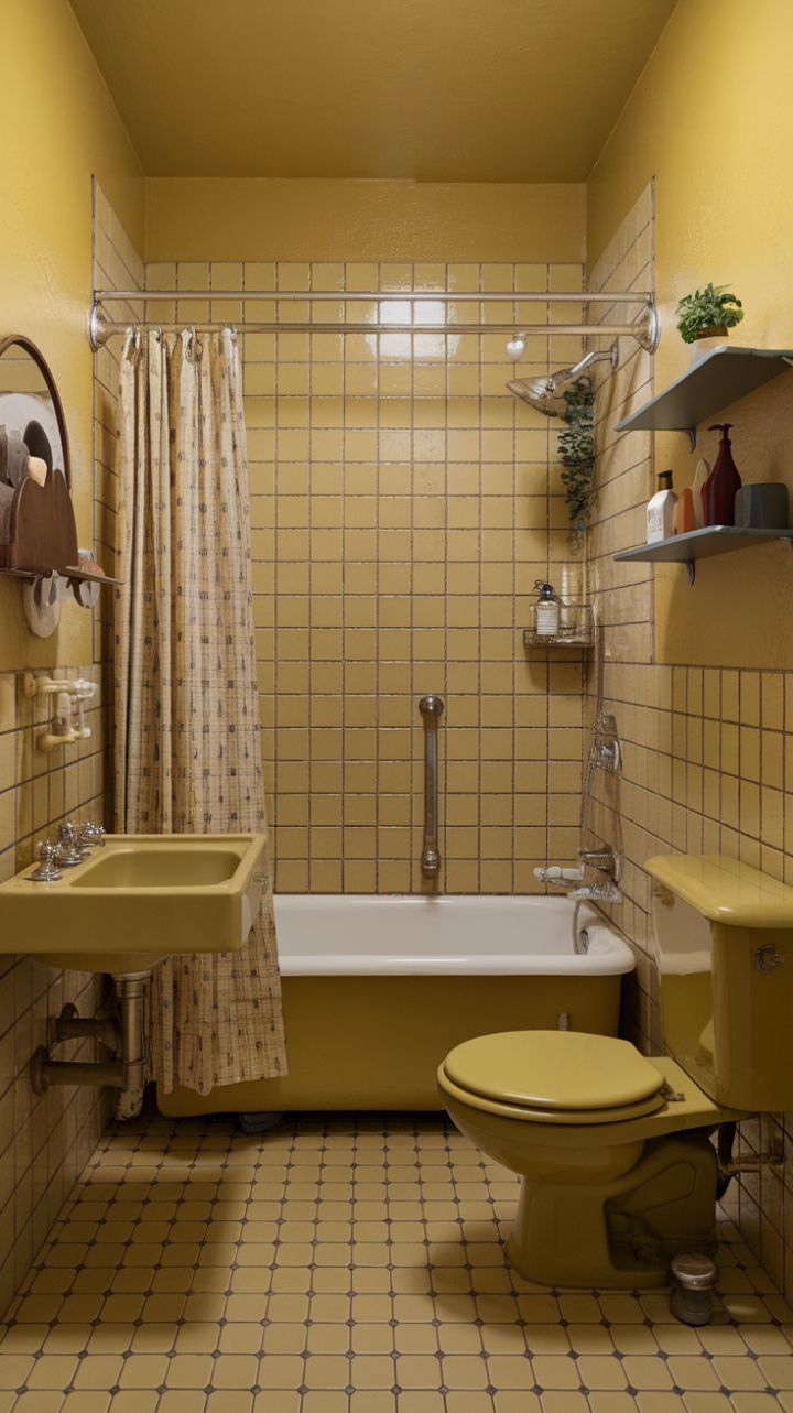 Step back in time with this sunshine-soaked vintage bathroom, where retro charm meets modern comfort. The sunny yellow tiles, antique fixtures, and nostalgic details create a space that's both stylish and utterly inviting. Imagine sinking into that clawfoot tub after a long day, surrounded by the warmth of this perfectly curated escape.