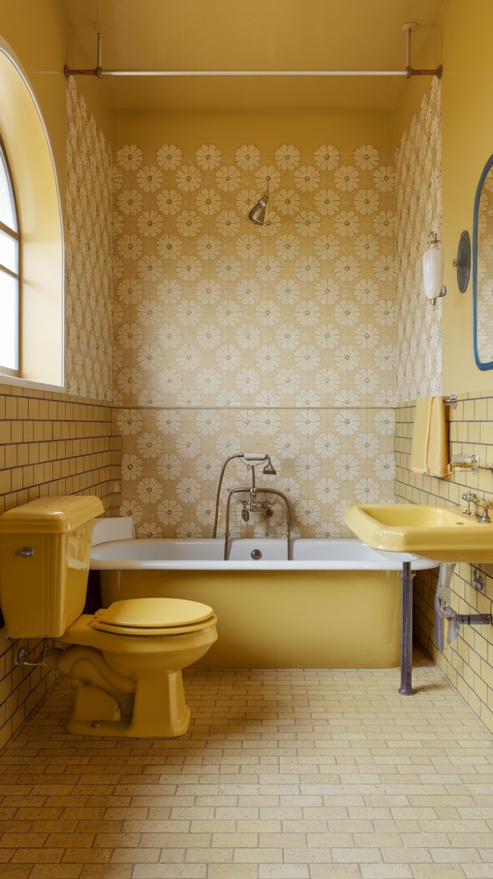Step back in time with this sunny, vintage-inspired bathroom, where cheerful yellow tiles and a charming floral pattern create a space that's both nostalgic and utterly chic. The retro bathtub is the star, promising blissful soaks in a space brimming with mid-century charm. Every detail, from the soap dish to the towel rack, whispers of a bygone era, perfectly blending retro style with modern functionality.