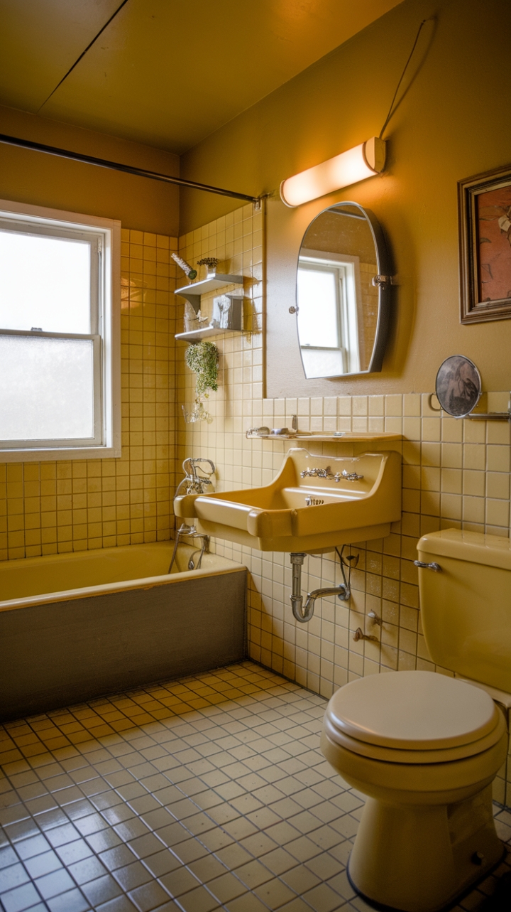 Step back in time with this sunny mid-century dream bathroom! Golden yellow walls and floors create a retro haven, complete with a curvaceous sink, vintage tub, and charming period details. The warm lighting and carefully chosen accents—a lush plant and framed artwork—add a touch of modern sophistication to this perfectly preserved piece of design history. Prepare to be transported!