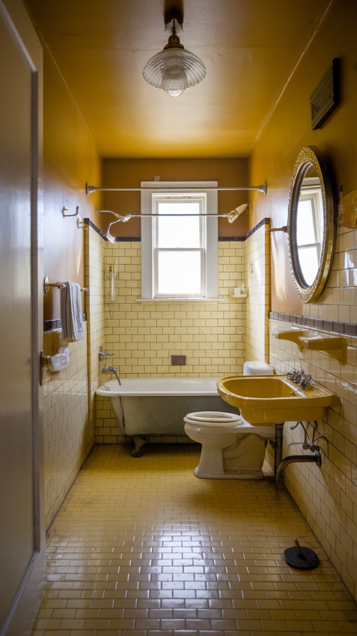 Bathe in the golden glow of this exquisitely preserved mid-century bathroom. From the cheerful yellow walls to the gleaming vintage tub, every detail whispers a story of timeless design. This isn't just a bathroom; it's a portal to a more stylish past, ready to inspire your own retro-chic retreat.