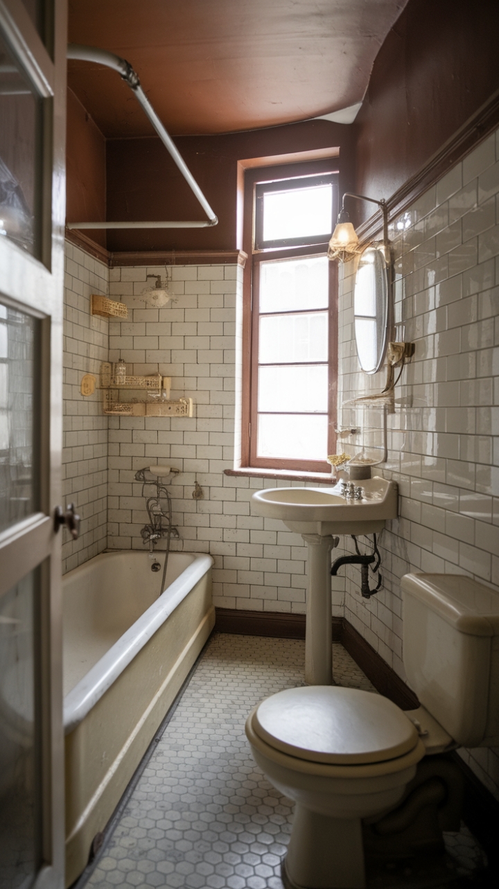 A charming vintage bathroom exudes nostalgic allure with its shabby chic charm. Antique fixtures and old-fashioned elements evoke a sense of timeless elegance, while vintage tiles adorn the walls, adding character and warmth. The cozy space features a classic bathtub, a delicate sink, and a traditional toilet, all bathed in soft natural light streaming through a quaint window. This intimate retreat captures the essence of bygone eras, inviting a sense of comfort and history into everyday routines.
