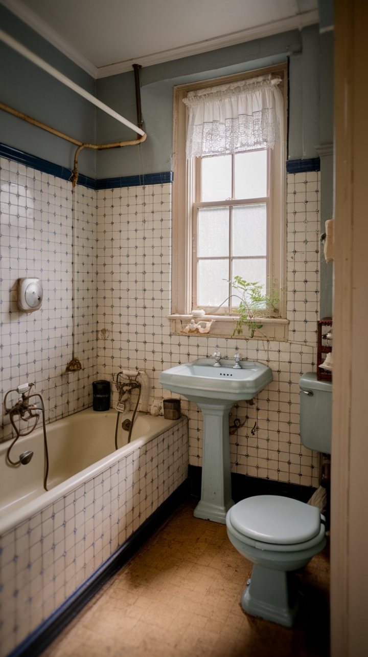 Ready for a trip back in time? This charming vintage bathroom whispers tales of bygone eras with its delightful shabby chic aesthetic. Antique fixtures gleam against walls adorned with captivating blue and white patterned tiles, creating a truly unique backdrop. A classic clawfoot tub invites long, luxurious soaks, while a graceful pedestal sink and traditional toilet complete the picture of timeless elegance. Sunlight streams through the window, softened by a simple white curtain, illuminating the warm beige floor tiles and a touch of greenery. It's a space that feels both familiar and utterly enchanting, a perfect blend of nostalgia and old-fashioned charm.