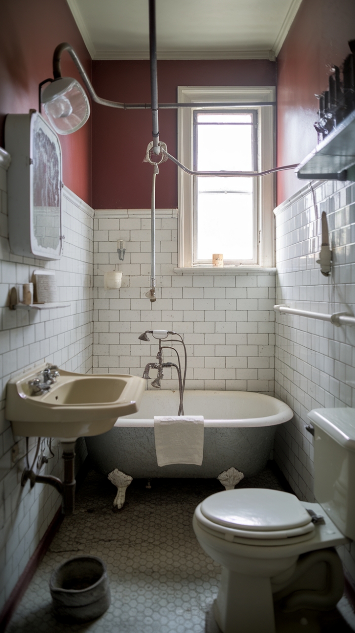 A charming vintage bathroom exudes timeless elegance with its shabby chic allure. Antique fixtures and a classic design evoke nostalgic warmth, while vintage tile walls add rich texture and character. The clawfoot bathtub invites relaxation, complemented by a delicate sink and faucet that echo bygone eras. Soft natural light filters through the window, casting a gentle glow over the space, creating an inviting sanctuary filled with nostalgic charm and understated sophistication.