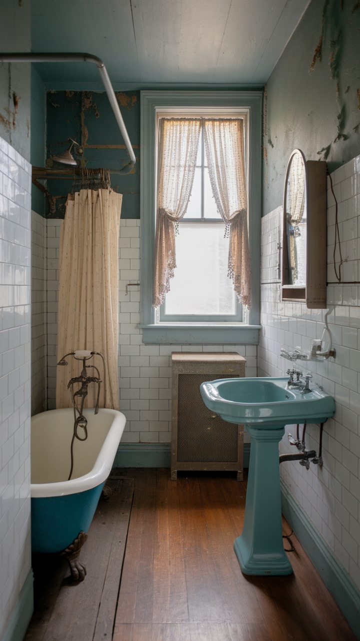 A charming vintage bathroom exudes nostalgic allure with its antique clawfoot tub and classic pedestal sink, each telling stories of bygone eras. Vintage tile walls add a textured, timeworn elegance, complemented by chipped paint and worn wood accents that embrace a shabby chic aesthetic. Soft natural light filters through the window’s delicate curtains, casting a warm glow over the wooden floor, creating a cozy, inviting retreat that celebrates timeless character and rustic charm.