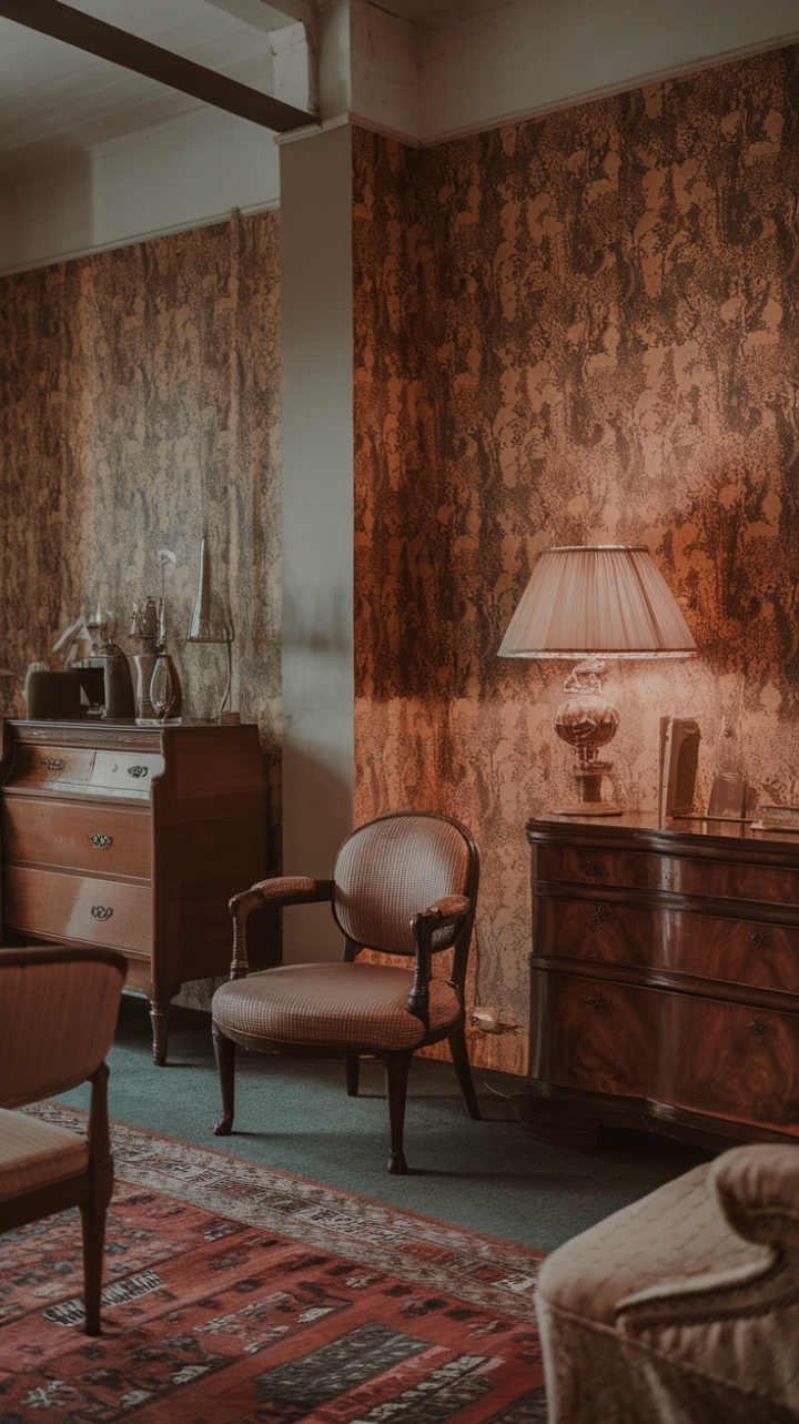 Step back in time with this vintage haven, where antique furnishings whisper tales of bygone eras. A floral wallpaper dances with a patterned rug, creating a symphony of warm tones and nostalgic charm. Curved lines and ornate details on the dresser and chair add a touch of old-world elegance, perfectly capturing the spirit of retro sophistication.