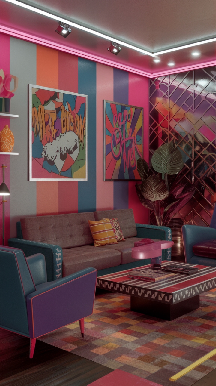 Step back in time to a vibrant 1980s living room, where bold geometric patterns collide with neon accents and iconic pop art. Vintage furniture, a lush plant, and a playful color palette create a nostalgic haven that's both stylish and undeniably fun. Prepare to be transported to a decade of daring design.