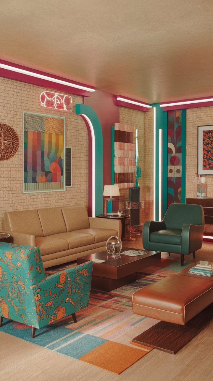 Step back in time to this vibrant 80s living room, where geometric patterns collide with bold hues and neon accents. A beige sofa anchors the space, complemented by a teal floral armchair and a verdant accent chair. Vintage furniture and playful pops of art complete this retro haven, a testament to the decade's unapologetic style. Prepare to be transported!