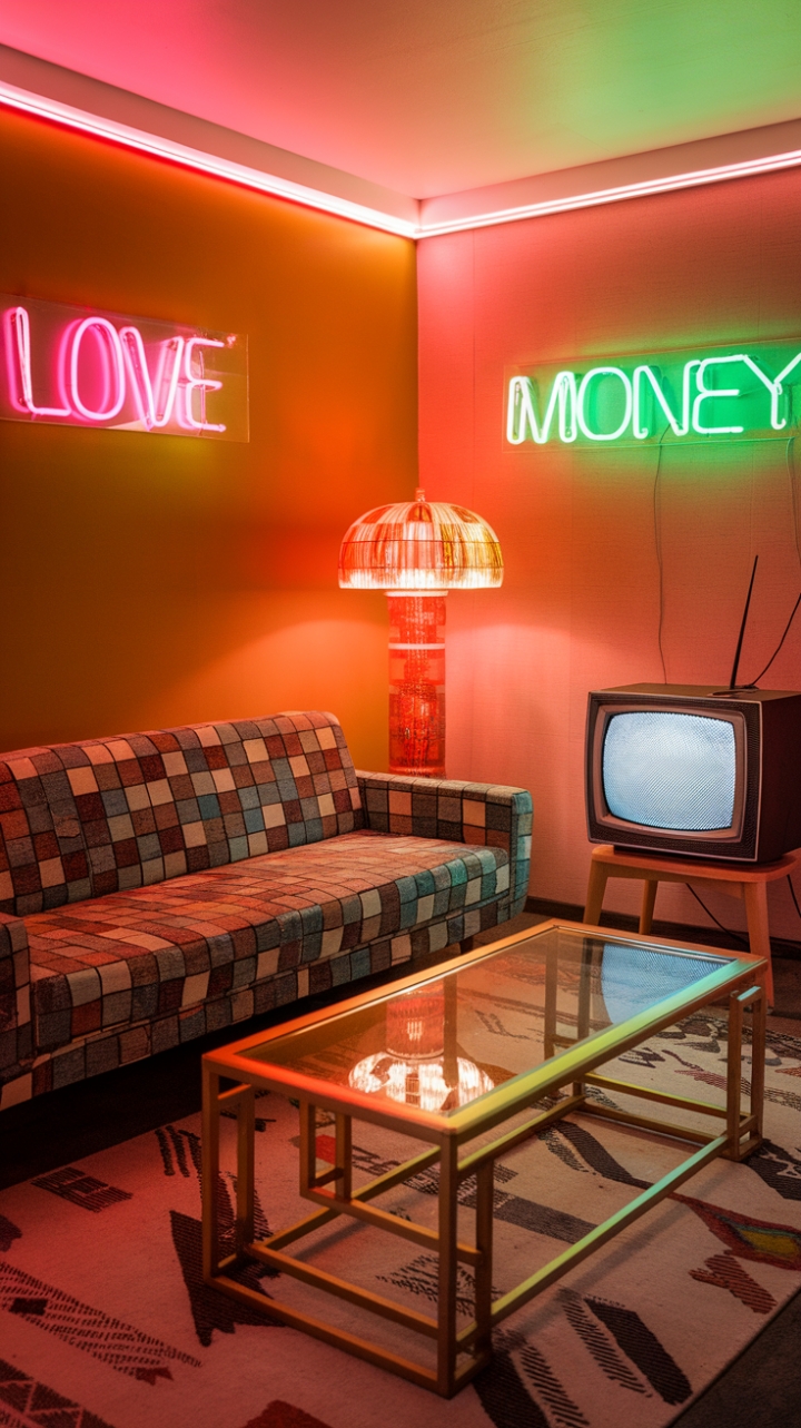 Step back in time to this vibrant 80s living room, where geometric patterns clash beautifully with bold orange walls. A glass-topped coffee table with a golden frame sits proudly beneath a neon "Money" sign, while a vintage TV and a pop art lamp add to the retro charm. Above the patterned sofa, a "Love" neon sign glows, adding a touch of playful romance to this electrifying space. The patterned rug ties the whole scene together in a kaleidoscope of 80s style.