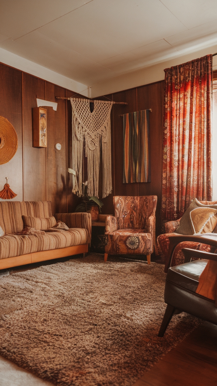 A captivating vintage 70s living room exudes bohemian charm with its rich tapestry of bold patterns and earthy hues. A plush shag rug anchors the space, inviting tactile comfort, while warm wood paneling adds a cozy, nostalgic backdrop. Intricate macramé accents drape gracefully, infusing the room with artisanal elegance. Vintage furniture pieces, characterized by their distinctive shapes and vibrant upholstery, create a playful yet sophisticated atmosphere that celebrates retro flair and free-spirited style.