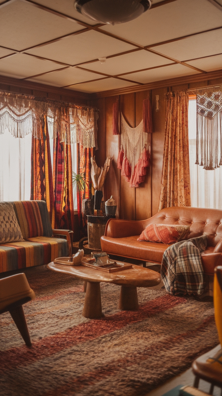 A captivating vintage 70s living room exudes bohemian charm with its rich earthy palette and inviting warmth. Wood-paneled walls create a cozy backdrop for eclectic vintage furniture and bold patterned textiles. A plush shag rug anchors the space, while intricate macramé accents add a handcrafted touch of artistry. Retro decor elements and vibrant patterns weave together to craft a nostalgic yet timeless sanctuary filled with personality and relaxed elegance.