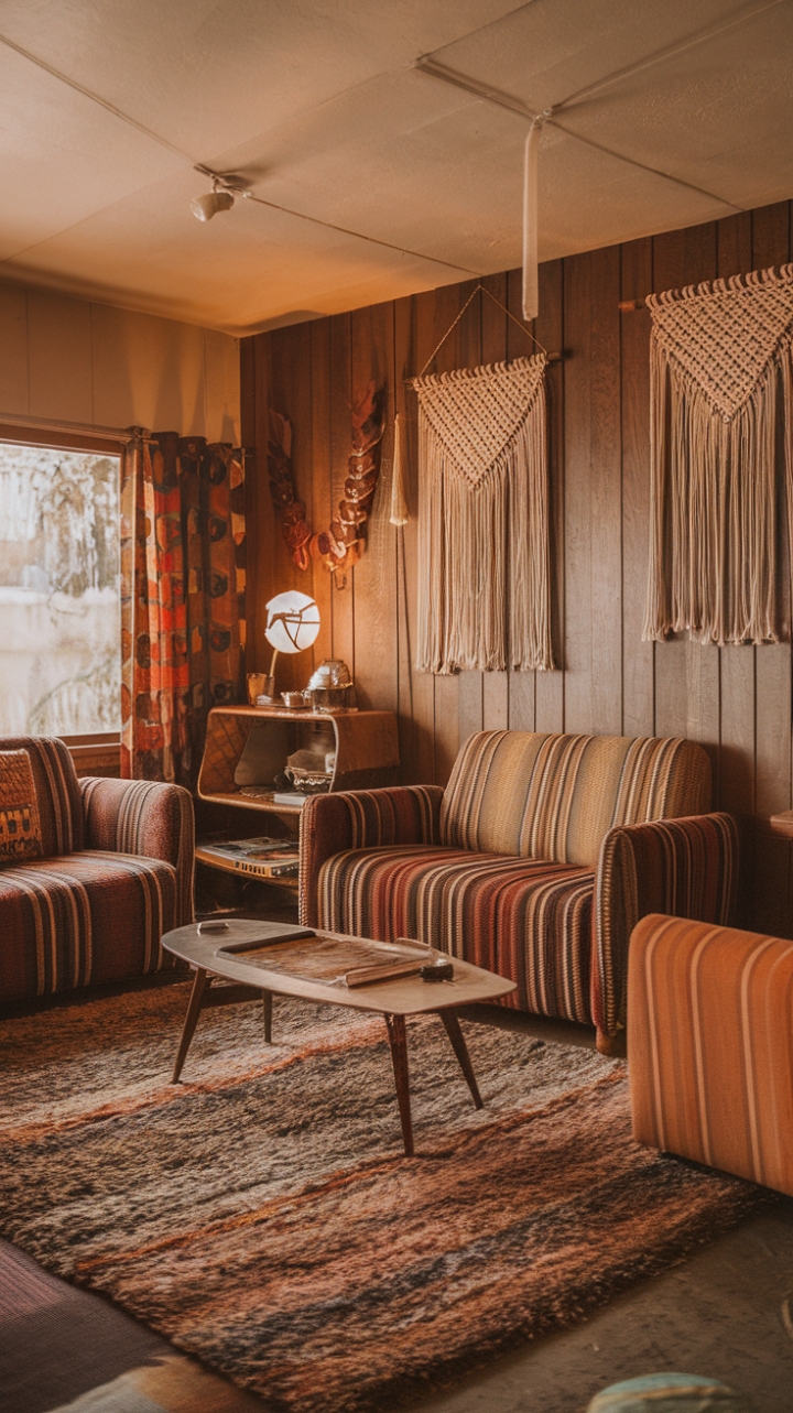 Unwind in a haven of 70s bohemian bliss. This living room's vintage charm is undeniable, with its earthy tones, wood-paneled walls, and a luxurious shag rug setting the stage. Macramé details and boldly patterned furniture add layers of texture and personality, creating a space that's both effortlessly chic and wonderfully nostalgic.
