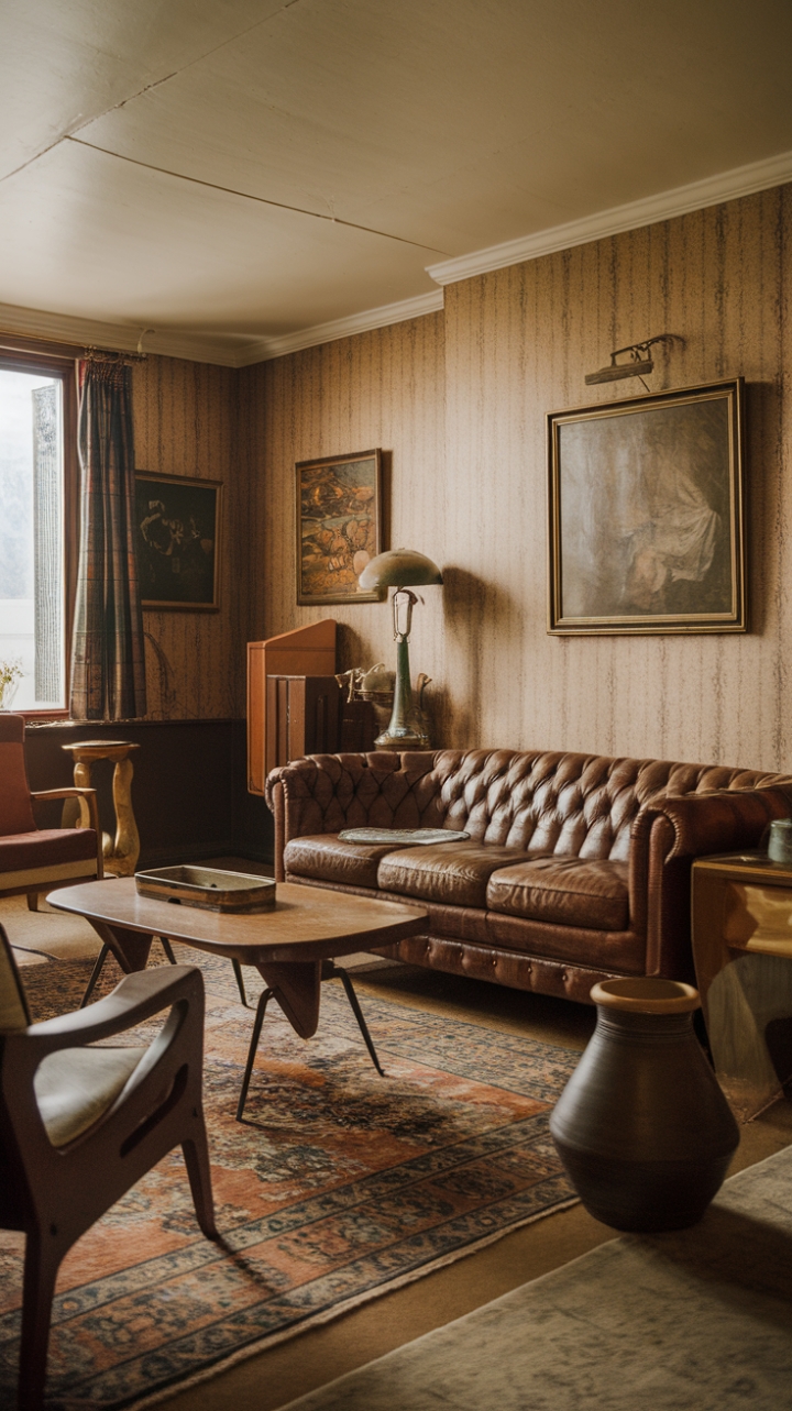 Ready for a trip back in time? This vintage living room, steeped in mid-century charm, is a masterclass in curated nostalgia. Sink into the rich brown leather sofa, a timeless anchor amidst antique treasures. A warm wooden coffee table grounds the space, resting on a patterned rug that whispers stories of decades past. Every detail, from the elegant brass lamp casting a soft glow to the ceramic vase holding a touch of nature, feels perfectly placed. Beige wallpaper provides a serene backdrop for a collection of paintings, adding layers of personality. The retro color palette, a harmonious blend of earthy tones and beautiful wood finishes, creates an inviting and utterly captivating atmosphere.