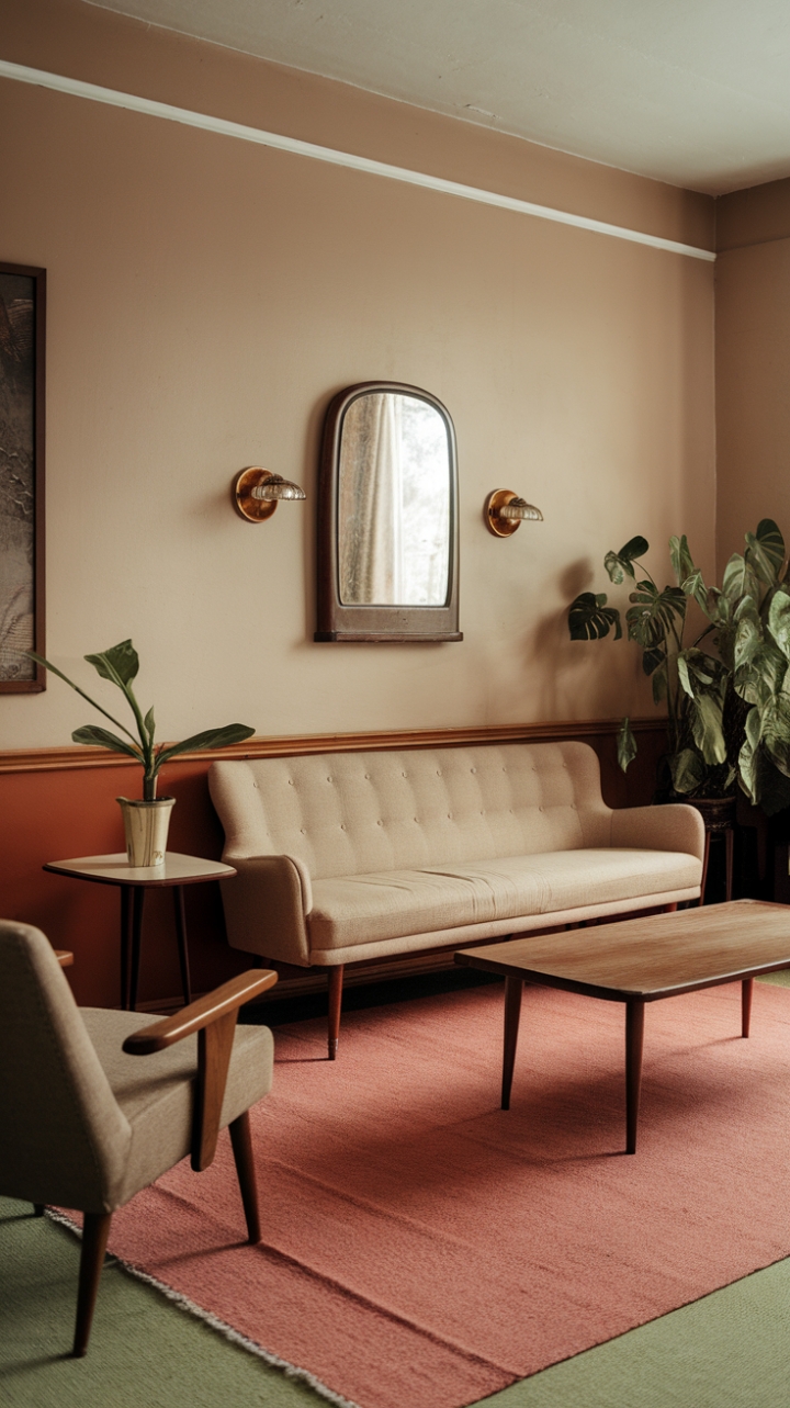 A charming vintage living room exudes timeless elegance with its mid-century charm. The warm beige walls create a cozy backdrop for antique furniture pieces, including a plush beige sofa with sleek wooden legs that invites relaxation. A lush green plant adds a touch of nature and freshness to the space. The wooden coffee table anchors the seating area, resting on a soft light red rug that introduces subtle warmth and character. Above the sofa, a vintage mirror framed in classic style reflects nostalgic allure, flanked by two sconces that cast a gentle, ambient glow. The retro color palette and carefully curated decor evoke a sense of cherished history, making this space a perfect retreat into the past.