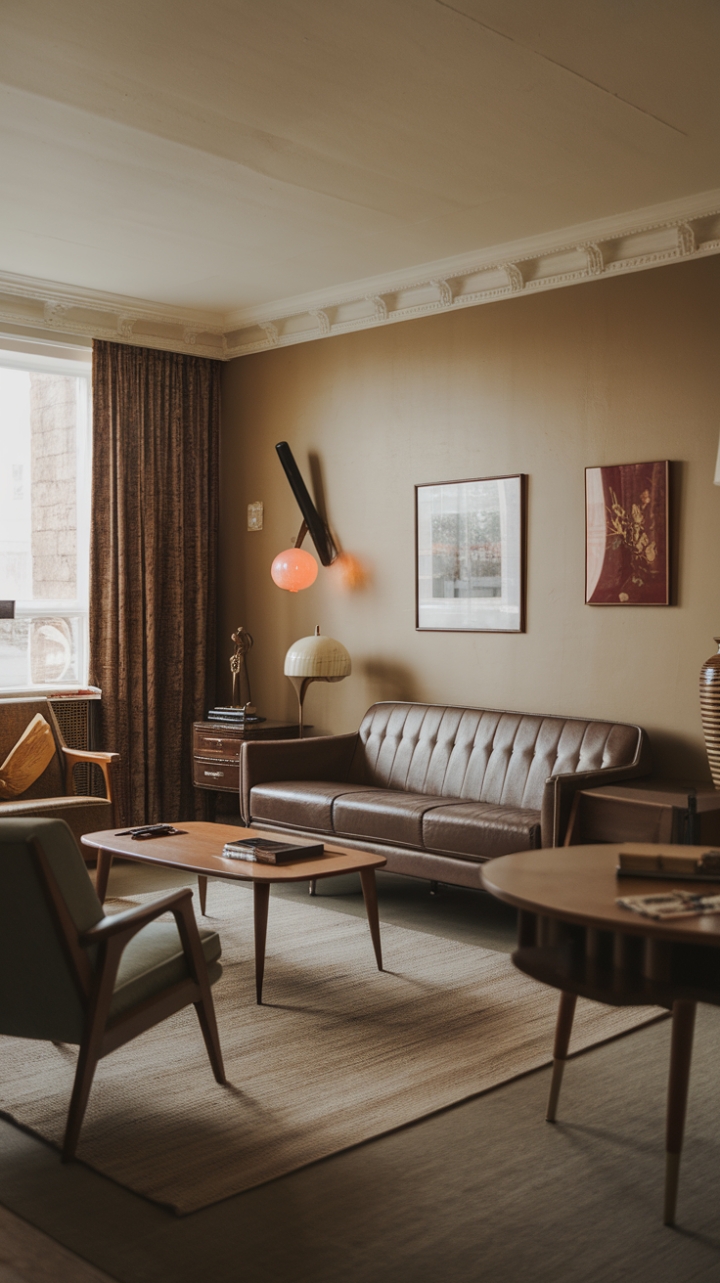 Step back in time with this effortlessly chic living room, where mid-century modern meets contemporary cool. A curated collection of vintage finds and sleek new pieces create a space that's both nostalgic and utterly now. The warm beige walls provide the perfect backdrop for a symphony of textures and timeless style.