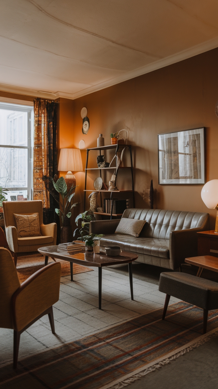 Ready to be transported to a space that feels both fresh and familiar? This living room is a masterclass in modern vintage, where the clean lines of mid-century furniture meet the soulful charm of yesteryear. Sink into the inviting sofa or curl up in the armchair, surrounded by the warm embrace of the wall color. Every detail, from the retro lamp casting a soft glow to the charming plant stand, tells a story. It's an eclectic mix that just *works*, a nostalgic interior where classic modern design creates a truly unique and welcoming haven.