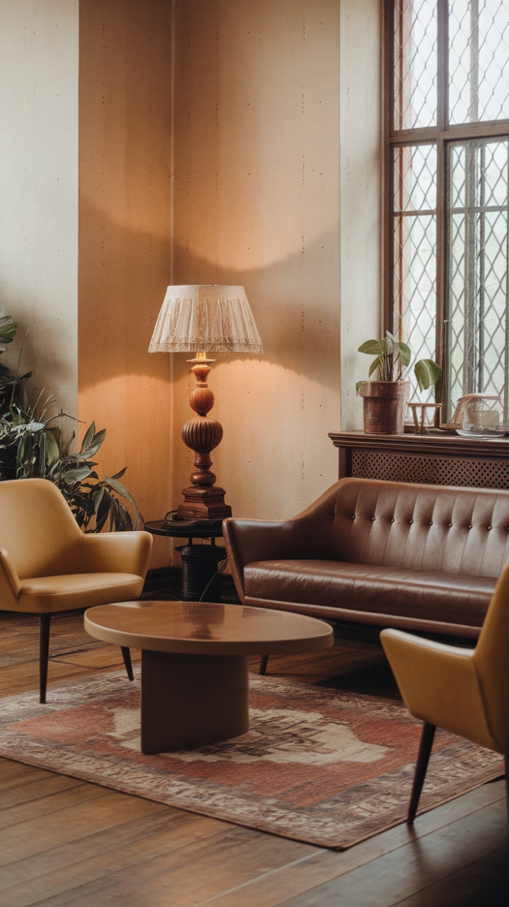 A captivating blend of retro charm and modern sophistication, this vintage-inspired living room exudes timeless appeal. The mid-century modern sofa and classic armchair invite relaxation amid warm beige walls subtly textured with small holes, adding character and authenticity. The round coffee table with its gracefully curved edge anchors the space, while a vintage wooden lamp with a patterned shade casts a cozy glow. Wooden plank flooring complements the earthy palette, enhanced by a richly patterned vintage rug that adds depth and visual interest. Near the window, a lush green plant brings a touch of nature indoors, framed by a metal grille that hints at industrial flair. This thoughtfully curated space celebrates nostalgic elegance with a contemporary edge, creating a warm and inviting atmosphere.