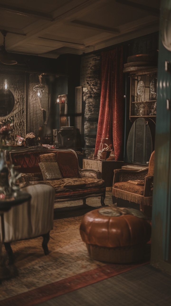 A moody vintage living room exudes nostalgic charm with its deep, dark color palette and an eclectic mix of antique decor and retro furniture. Rustic accents and distressed finishes weave a story of timeless elegance, while vintage textiles add layers of warmth and character. Moody lighting casts a soft, inviting glow, transforming the space into a cozy retreat steeped in history and personality.