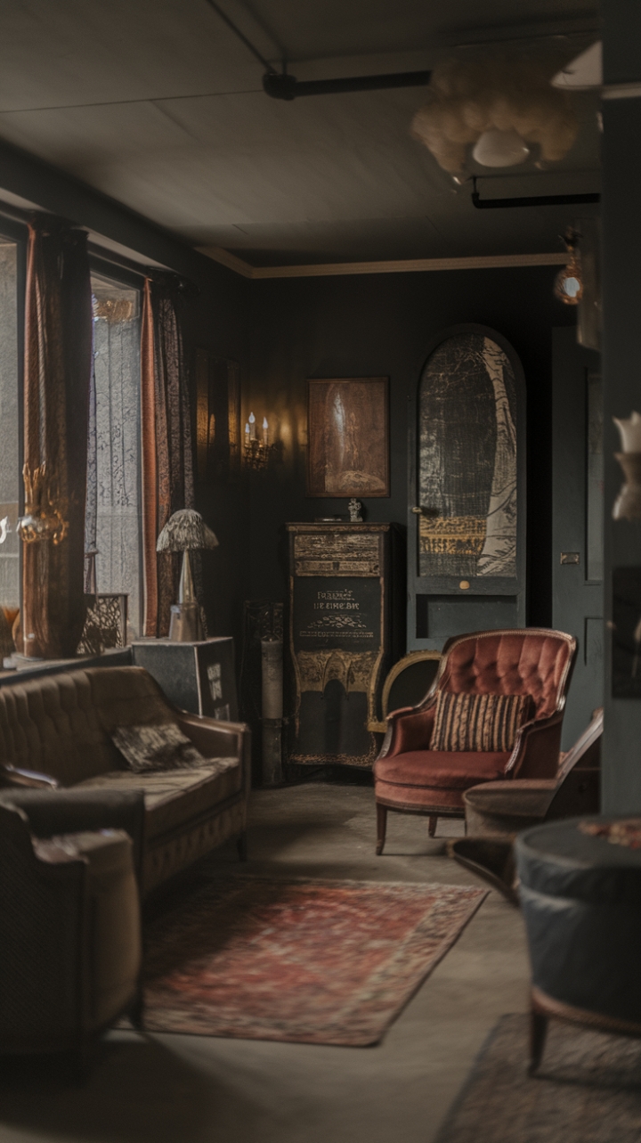Embrace the allure of the past in this darkly romantic living room. Distressed finishes, retro furniture, and a curated collection of vintage textiles weave a tapestry of timeless style. Let the moody ambiance transport you to a bygone era of sophisticated comfort.