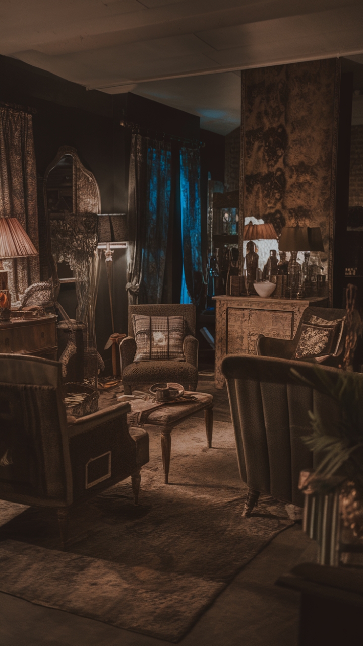 Embrace the allure of a darkly romantic living room, where vintage finds and retro furniture create a haven of sophisticated comfort. Moody lighting casts an enchanting glow upon distressed surfaces and richly textured fabrics, while a carefully chosen selection of plants and accessories adds layers of depth and intrigue. This isn't just a room; it's a mood, a feeling, a captivating escape into the heart of vintage style.