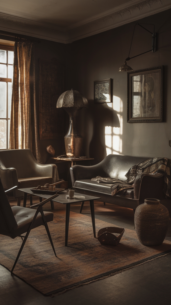 Ready to embrace the allure of a bygone era? This living room whispers tales of the past with its moody vintage charm. Antique treasures and retro furniture mingle in a dark, dramatic palette, creating an atmosphere that's both sophisticated and deeply personal. Distressed finishes and rustic accents add layers of texture, while vintage textiles and a worn rug ground the space in history. The soft, warm glow of a vintage lamp casts intriguing shadows, highlighting framed art and decorative objects that feel curated over time. Sink into the retro sofa or chair, place your coffee on the vintage table, and let the nostalgic ambiance wash over you. This is a room that invites you to linger, to dream, and to appreciate the beauty of imperfection.