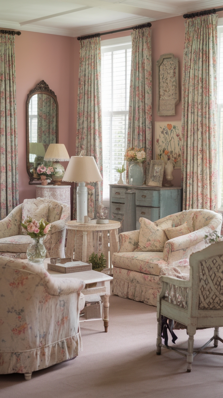 Step into a haven of faded elegance and whispered stories. This shabby chic living room, bathed in pastel hues and adorned with floral flourishes, is a testament to timeless charm. Distressed furniture, antique accents, and vintage accessories create a space brimming with rustic romance and cottage-core coziness. Every piece whispers a tale of bygone eras, inviting you to relax and lose yourself in its captivating allure.