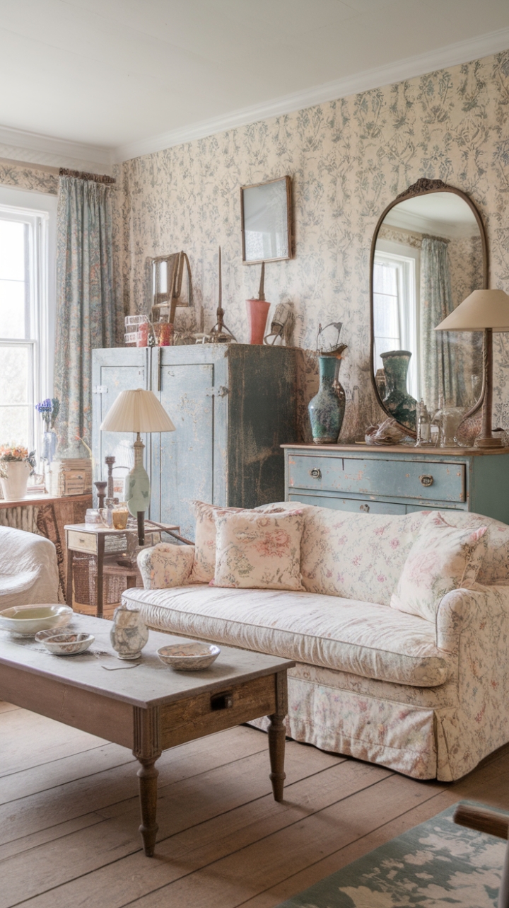 Ready for a dose of pure, unadulterated charm? This living room is a love letter to all things vintage and romantic. Imagine sinking into that plush beige sofa, adorned with a riot of floral cushions that feel like a secret garden come to life. A vintage wooden coffee table, worn just right, begs for a stack of well-loved books and a steaming cup of tea. Across the room, a distressed blue cabinet stands as a testament to time, holding treasures and stories within its weathered frame. Every corner whispers tales of the past, from the delicate floral patterns on the walls to the carefully curated collection of antique accessories – a graceful lamp, a timeless vase, a mirror reflecting the room's gentle beauty. It's a space that embraces imperfections, celebrates history, and wraps you in a warm, pastel-hued embrace. This is shabby chic at its most enchanting, a true cottage-style dream.