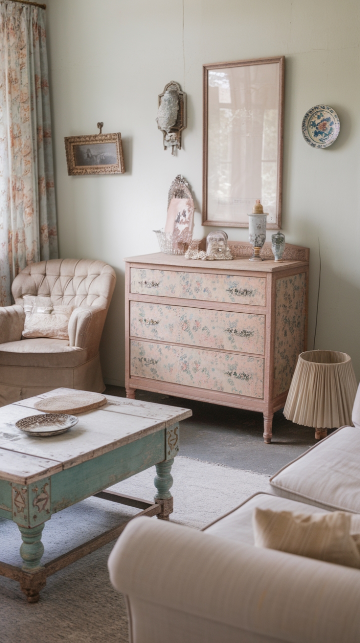 Ready for a dose of pure, unadulterated charm? This living room whispers tales of sun-drenched afternoons and treasured finds. A symphony of pastels creates a soft, inviting embrace, while the distressed wood coffee table and floral-kissed vintage dresser add layers of rustic beauty. Every detail, from the antique wall decor to the perfectly placed vintage lampshade, contributes to a feeling of lived-in luxury and sweet, cottage-core dreams. This is shabby chic at its most enchanting.
