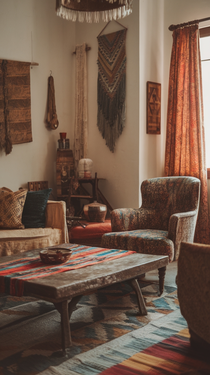 Unwind in this eclectic vintage living room, a symphony of textures and patterns. From the richly hued armchair to the handcrafted coffee table draped in colorful textiles, every detail whispers a story of global inspiration and timeless design. The soft lighting and geometric rug create a space that's both inviting and utterly captivating.