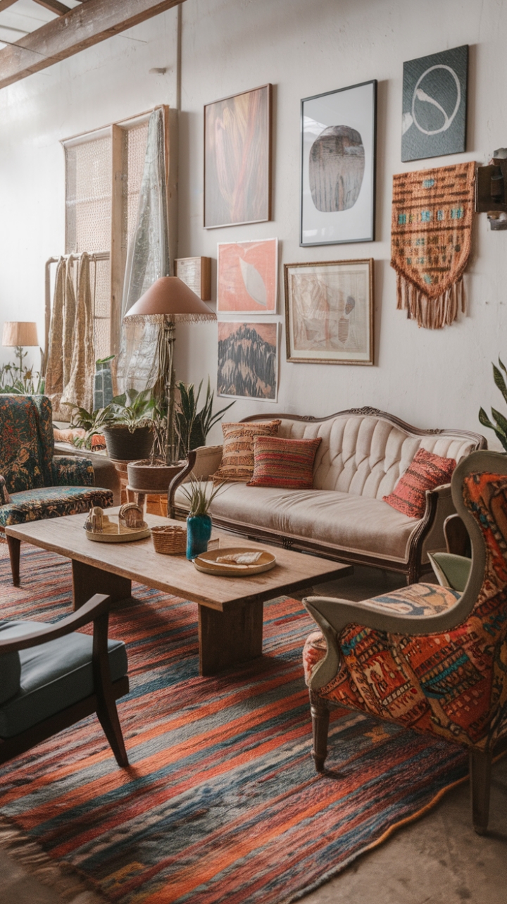 Unwind in this captivating boho-chic living room, a testament to eclectic elegance. Rustic wooden accents blend seamlessly with vintage furniture, creating a space that's both inviting and effortlessly stylish. The walls, a gallery of captivating artwork, add personality and depth, while a vibrant rug grounds the room in a kaleidoscope of color. Scattered plants breathe life into the space, completing this curated haven of comfort and bohemian charm. Prepare to be captivated by its unique and inviting atmosphere.
