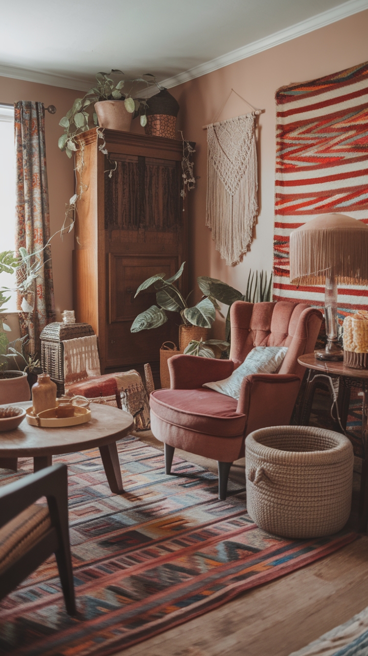 Ready to step into a space that feels like a warm hug and a treasure hunt all at once? This living room is a masterclass in curated comfort, where vintage finds tell stories and every corner invites you to linger. Sink into that plush armchair, a true classic, or gather around the charming round table – perfect for sipping tea and dreaming up your next adventure. The patterned rug underfoot and the fringed lamp casting a soft glow add layers of retro cool, while vibrant textiles and rustic touches infuse the room with undeniable boho chic. Lush greenery breathes life into the space, a woven basket holds cozy throws, and a macrame hanging adds a touch of handcrafted artistry. Against walls painted in a soothing shade, this eclectic haven is a testament to personal style and the joy of surrounding yourself with things you love.
