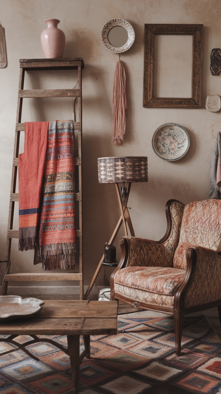 A captivating boho vintage living room exudes eclectic charm, where layered textures and vibrant accents create a warm, inviting atmosphere. A wooden ladder draped with colorful textiles adds a playful touch, while a vintage armchair upholstered in a bold patterned fabric invites relaxation. The rustic coffee table anchors the space, complemented by a retro-style lamp with a whimsically patterned shade that casts a cozy glow. Walls adorned with an array of decorative items—an ornate mirror frame, a delicate pink vase, and a charming ceramic dish—enhance the room’s artistic vibe. The patterned rug underfoot ties the eclectic elements together, making this space a true sanctuary of vintage-inspired comfort and personality.