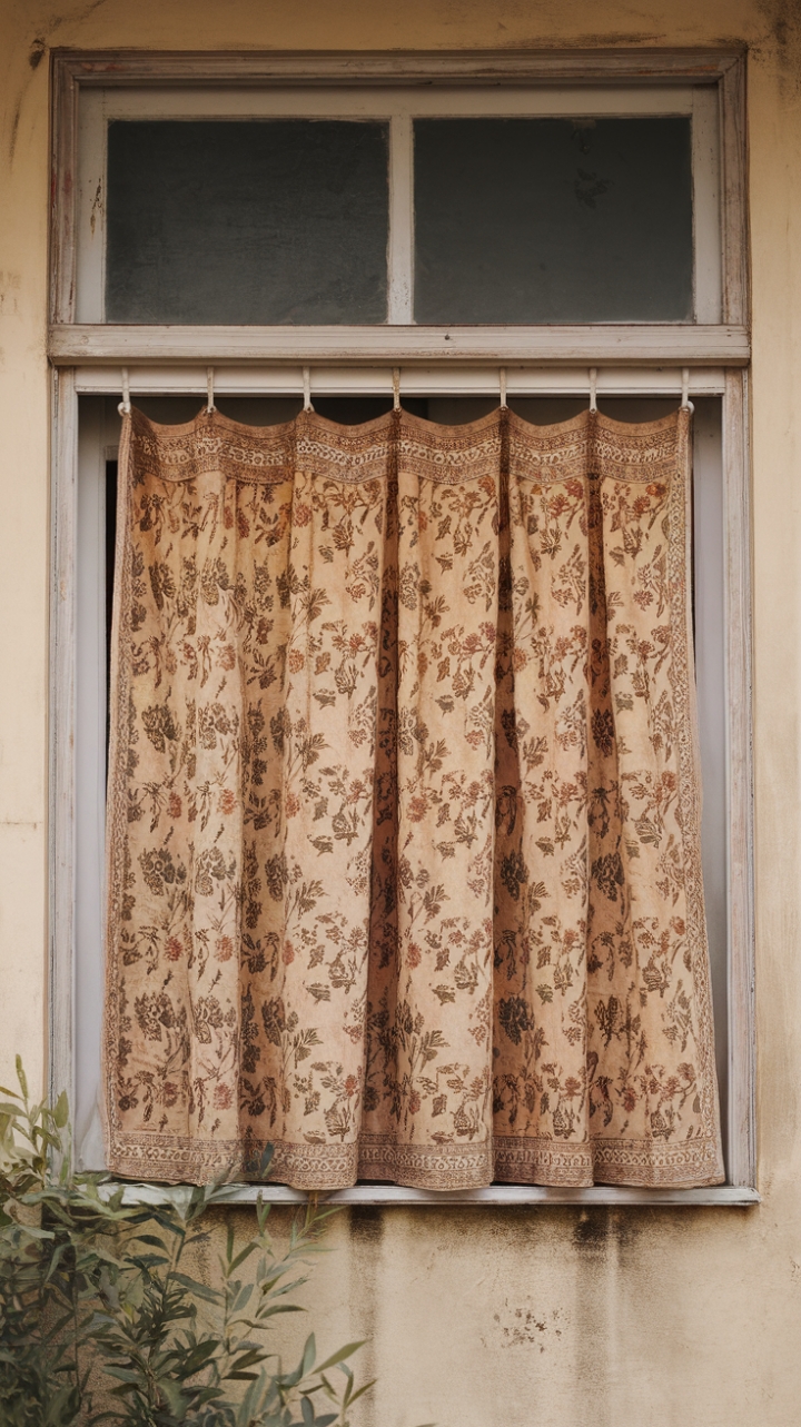 Step back in time with this charming vintage floral kitchen curtain, its faded hues and gentle wrinkles whispering tales of sun-drenched mornings and countless cups of coffee shared. The retro wooden frame adds a touch of rustic elegance, perfectly complementing the shabby chic aesthetic. A small, verdant companion plant adds a touch of life to this nostalgic scene.
