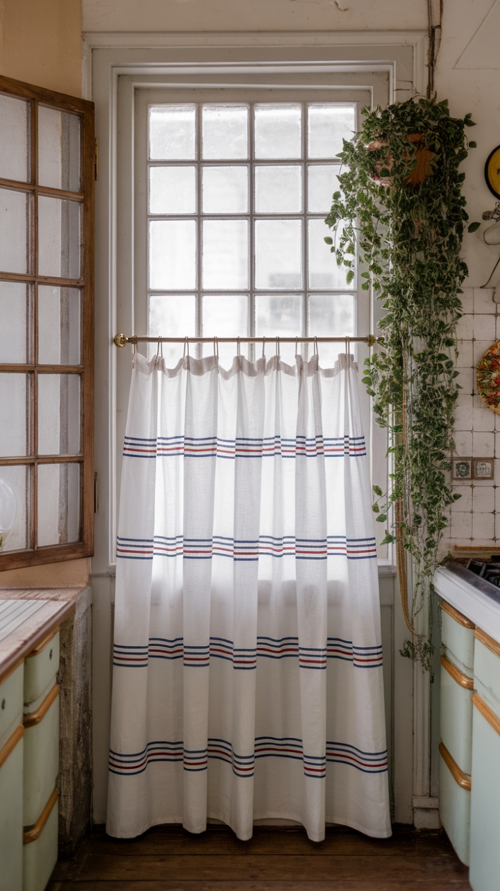 Step back in time with this charming vintage kitchen, where a cheerful striped curtain dances in the sunlight, its brass rod a playful touch against the warm wood. The multi-paned window whispers tales of simpler days, while a splash of greenery and carefully chosen accents add a touch of modern whimsy to this perfectly imperfect space. Nostalgia meets chic in this delightful haven.