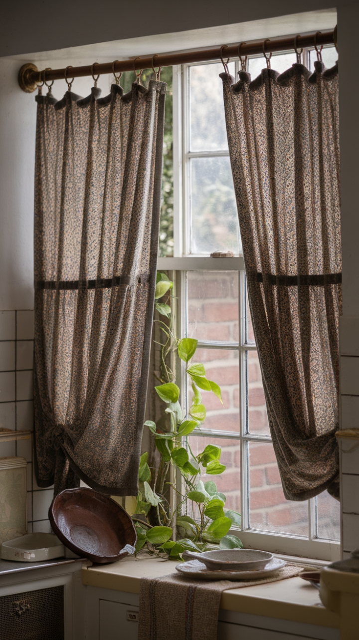 Step back in time with this charming vintage kitchen, where antique floral cafe curtains frame a picturesque view. The delicate fabric and simple elegance of the window treatment perfectly complement the shabby-chic accessories and create a space brimming with nostalgic charm. A touch of the outdoors peeks through, adding a vibrant contrast to the period-style decor.